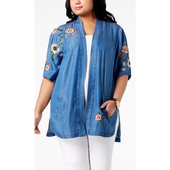 Style & Co. Tops - Style & Co Womens Embroidered Open Front Chambray Kimono Medium Pockets Teacher